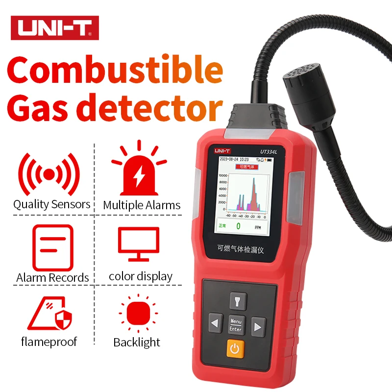 UNI-T UT334L Combustible Gas Leak Detector Flammable Natural Detector Methane Alcohol LPG Analyzer Buzzer Alarm with Flex Probe