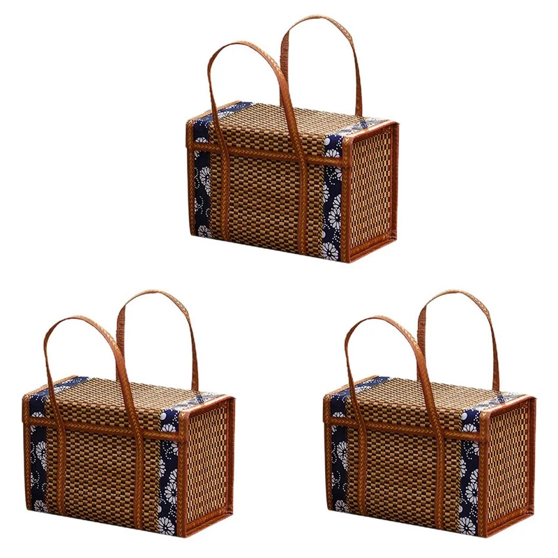 

3X Picnic Woven Basket Wicker Storage Bag Handle Folded Fruit Shopping Food Handle Rattan Grass Foldable Bamboo Basket B