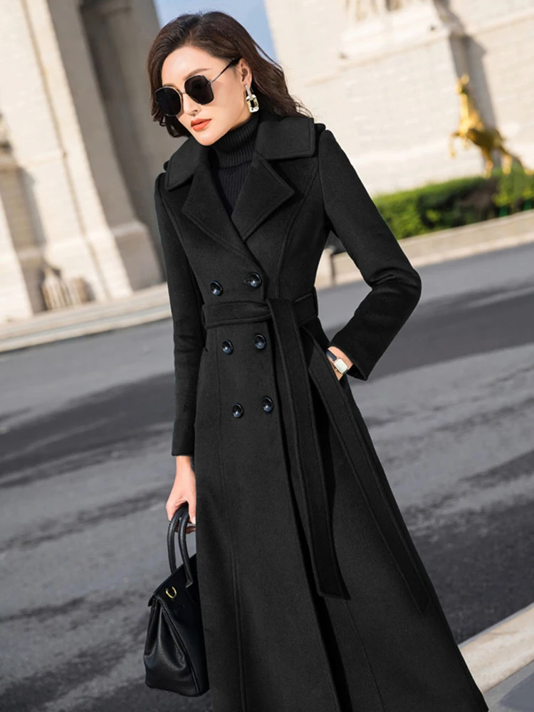 New Women Long Woolen Coat Autumn Winter Fashion Simplicity Double Breasted Slim Wool Blends Overcoat Thicken Warm Outerwear