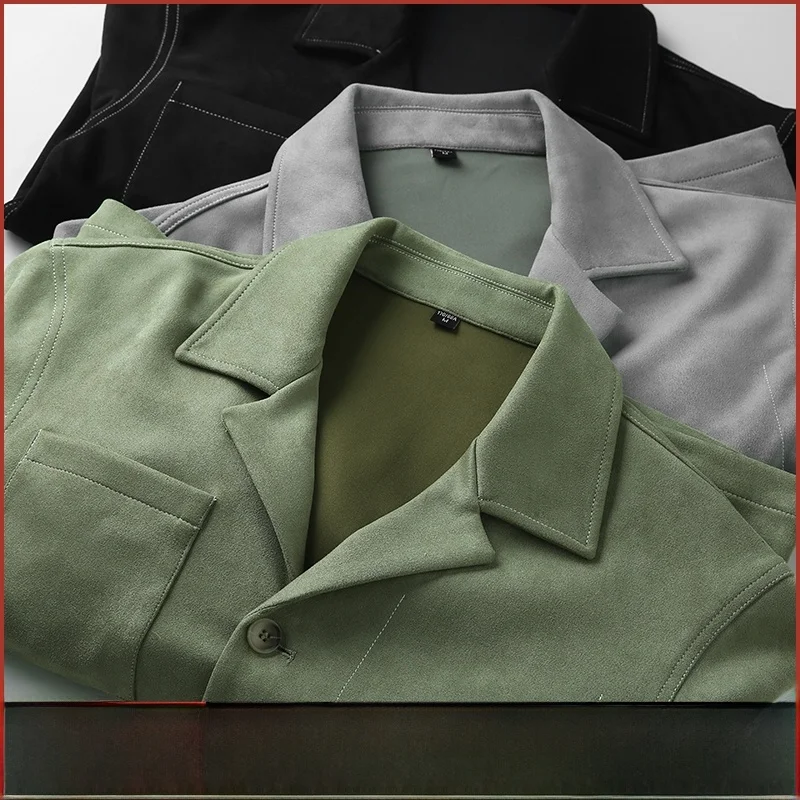 

Retro Japanese Sle Cuban Collar Suede Jaet Men's Faion Outerwear New Spring Autumn Stand Fit Long Sve Youth