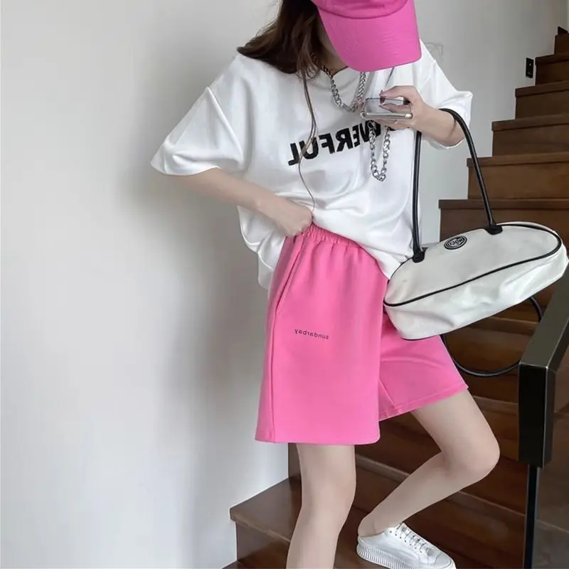 Summer Casual Letter O-neck Short Sleeve Two-piece Suit Femme Simplicity Refreshing Elastic Waist Short Sets Fashion Matching