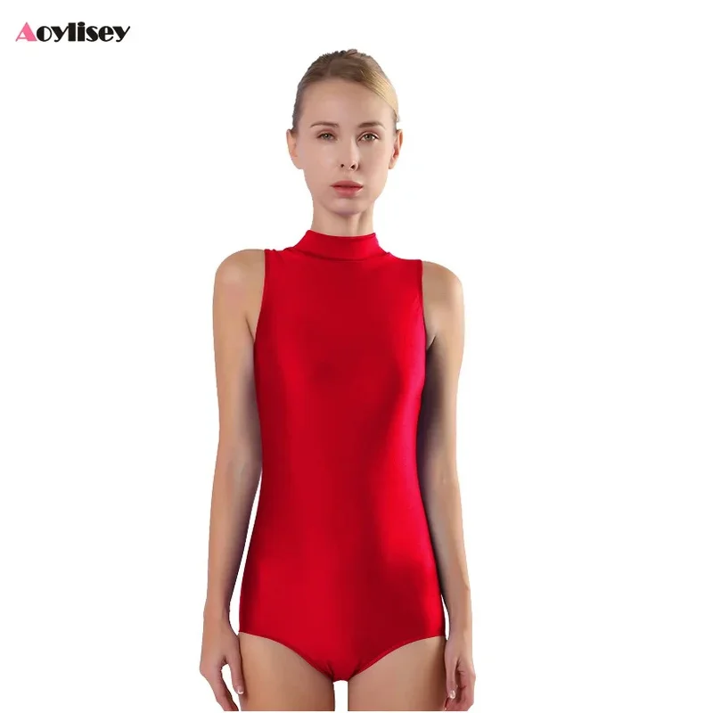 Baju Balet Tanpa Lengan untuk Dewasa, Leotard Leher Tinggi, Bodysuit Senam, Romper Ketat untuk Olahraga, Kostum Panggung Halloween