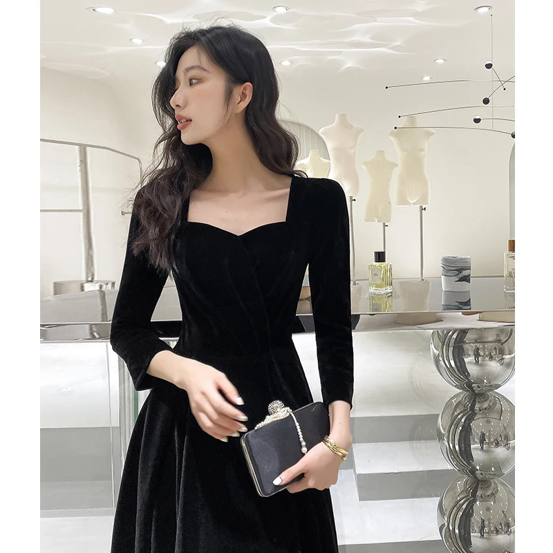 

Ele Bla Evening Dr Luxury Sensation Host Winter Cany Year End Par Women's Faion Korean Sle Long Sve