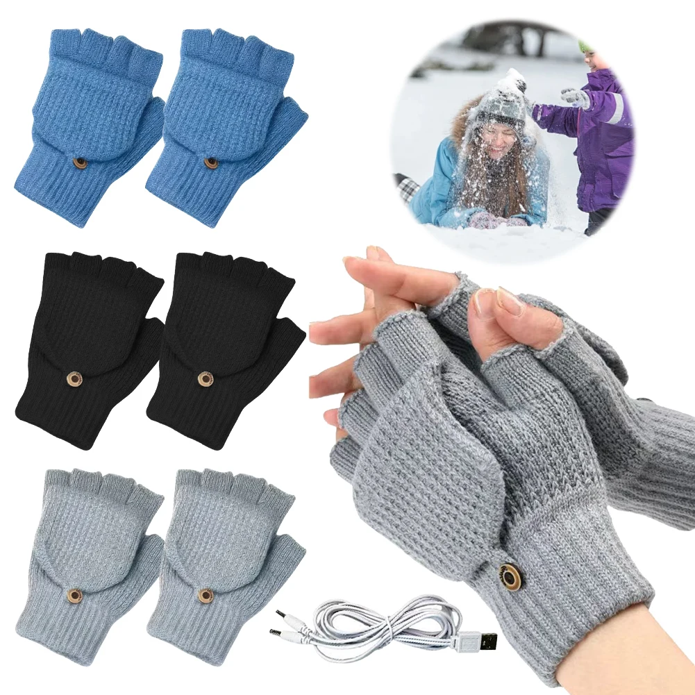 USB Heated Knitted Gloves Half Finger Gloves Non-Slip USB Heating Gloves Thicken Flip Top Mittens for Outdoor Sports