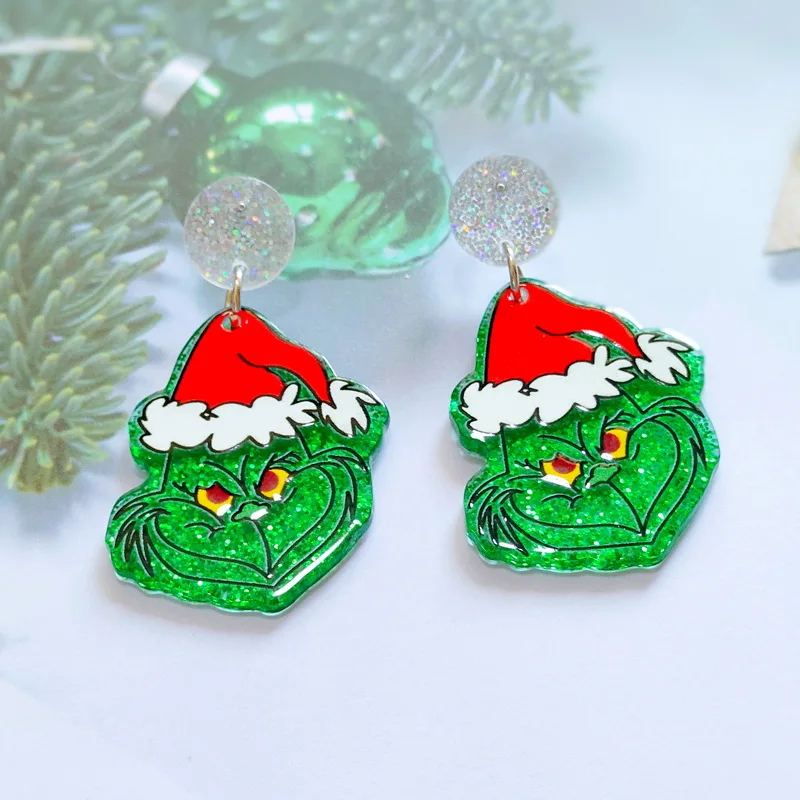 Anting-anting akrilik Natal, kancing telinga monster berkepala hijau modis, hadiah manusia salju Natal