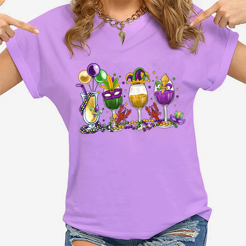 Mardi Gras Drink Shirt for Women Fat Tuesday Wine Graphic Tee Mardi Gras Drinking Party Classic Tops Carnival Vintage T Shirts