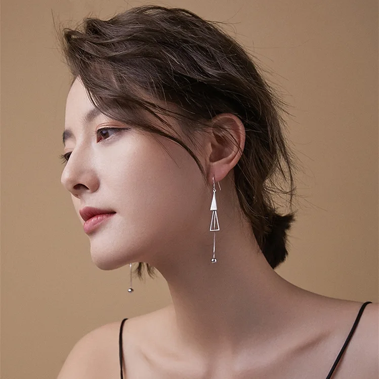 925 Sterling Silver Geometric Earrings for Women, Long Tassel Threading Drop Earrings, Minimalist Fashion Trendy Face Jewelry