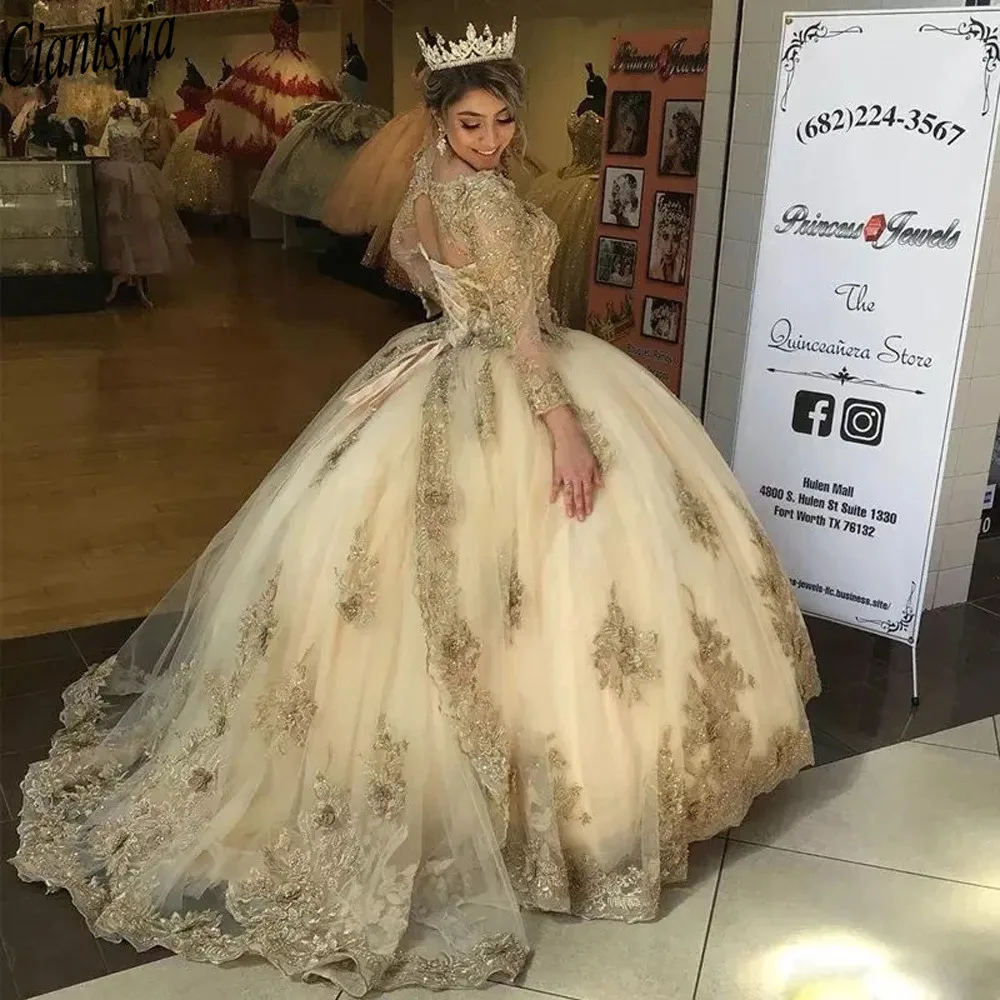 Luxo ouro renda quinceanera vestidos 2022 manga longa apliques lantejoulas com decote em v doce 15 vestido de baile sem costas festa princesa