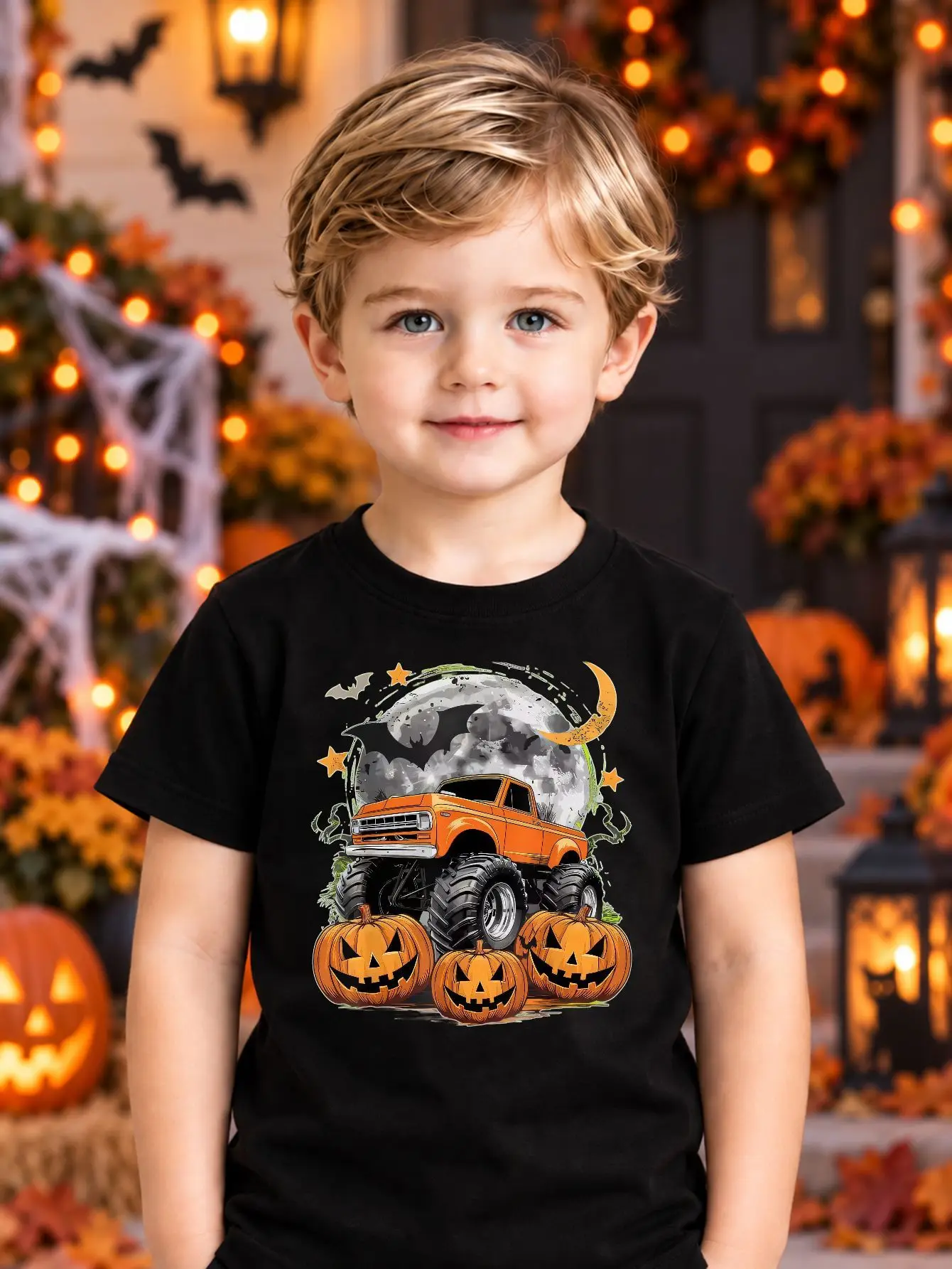 Halloween Costumes Kids T-shirt Boys Summer Short Sleeve Tee Soft Breathable Graphic Top Featuring Cool Monster Truck Orange Pumpkin Moon And Bat Print Fun Holiday Outfit Casual Holiday Apparel