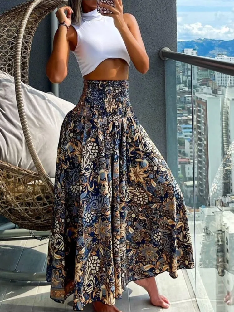 Summer High Waist Printing Elegant Skirt Women Fashion Boho Holiday Beach Skirt Female 2024 Casual Long Skirts