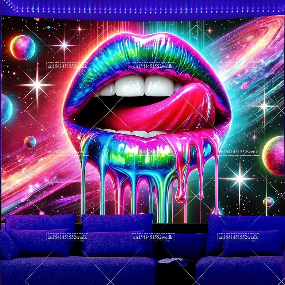 Blacklight Lip Tapestry Glowing Tapestry UV Reactive Neon Posters Wall Hanging For Living Room Party Decor Photo Shoot Props