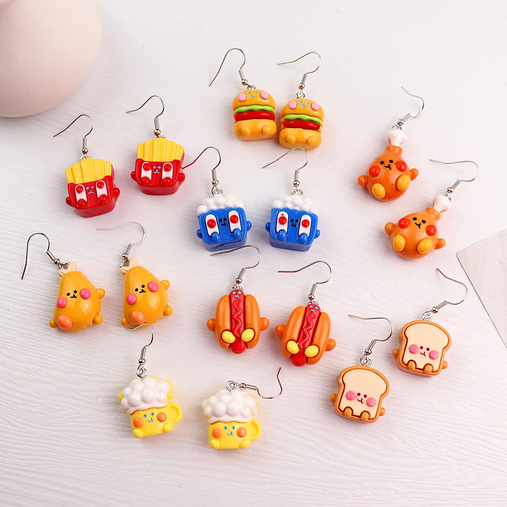 Ovxxons 1 Pair Fun Cute Cartoon Blush Food Play Bread Hamburger Fries Earrings Creative Childlike Fun Girl Heart Ear Hook