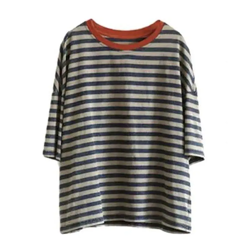 Fashion Striped T-shirts for Women Summer Trend Thin Short Sleeve Top Collar Contrasting Five Quarter Sleeve Loose Versatile Tee