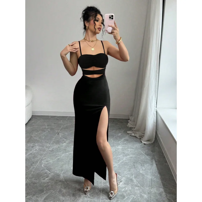 

2025New Women's Hollow Out Sexy Spaghetti Strap Dress Summer Simple Black Party Long Dress
