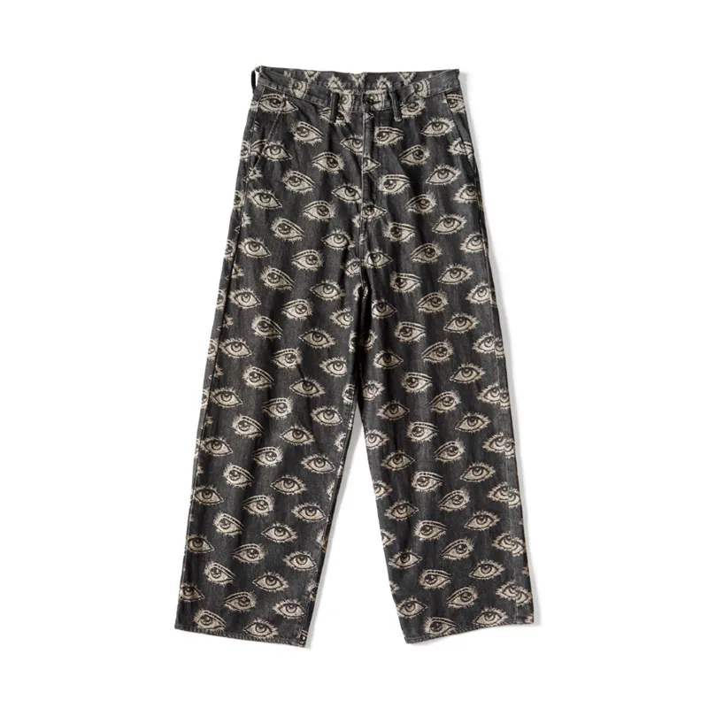 24AW KAPITAL Hirata Kazuhiro Japanese Retro Eye Embroidery Washed Water Vintage Denim Pants Wide Leg Trousers for Men