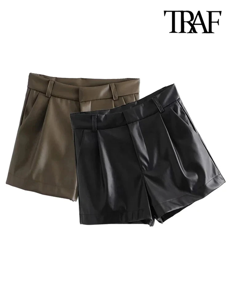 TRAF-Women's Faux Leather Shorts with Side Pockets, High Waist, Zipper Fly, Female Short Pants, Chic Fashion