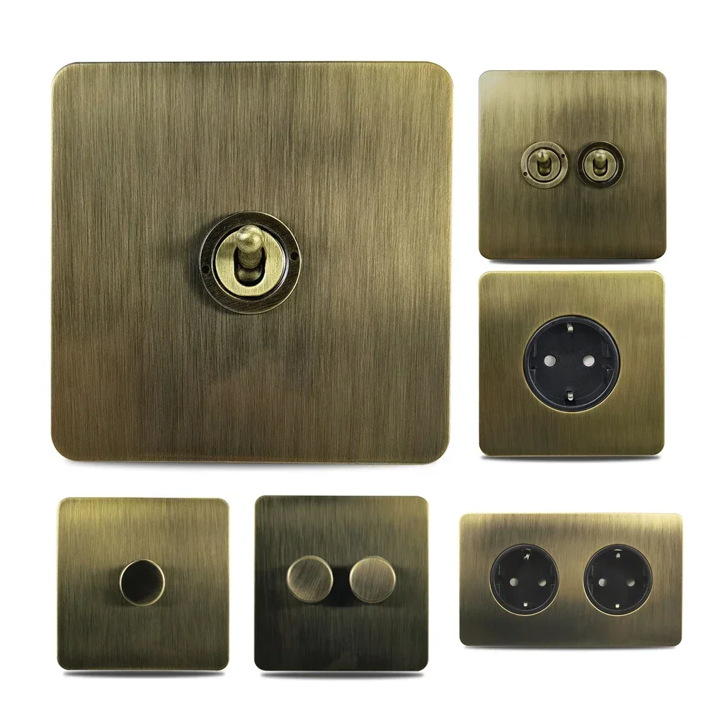 Antique Bronze Steel Plate Wall Light Switch Retro Toggle Switch, 2 Way Dimmer 1-4 Gang, EU Standard Socket