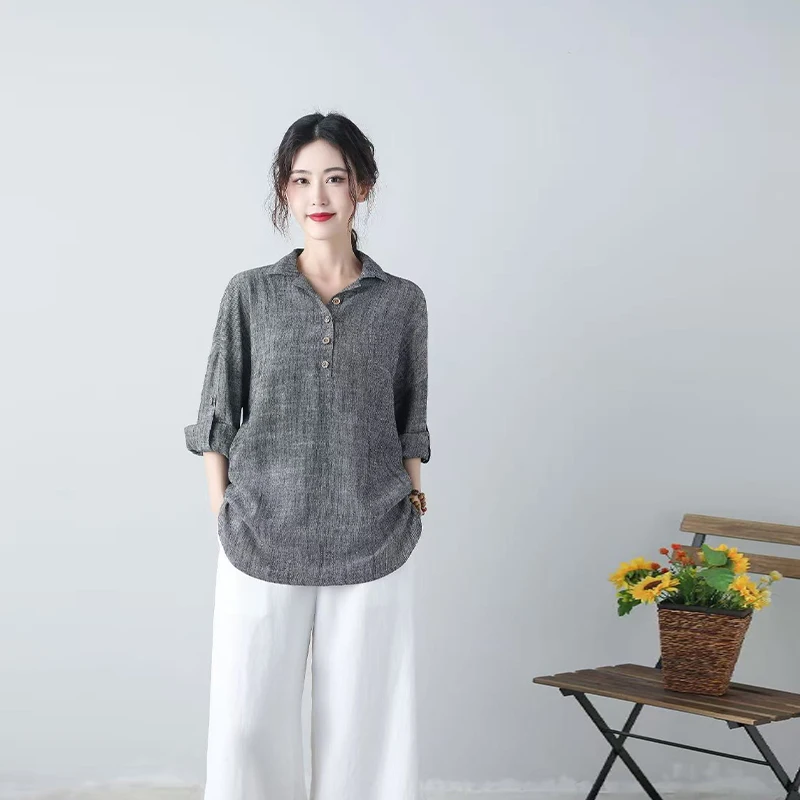 

2026 Spring/Summer New Arrival Grey Retro Linen Blend Small Lapel Casual Artistic Shirt, Simple and Elegant
