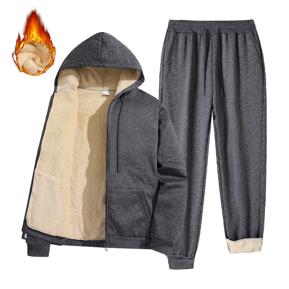 ملابس رياضية رجالية شتوية من صوف امبسوول سترات دافئة بقلنسوة وسحاب + سراويل طويلة سميكة قطيفة طقم مكون من قطعتين ملابس رياضية خارجية للرجال