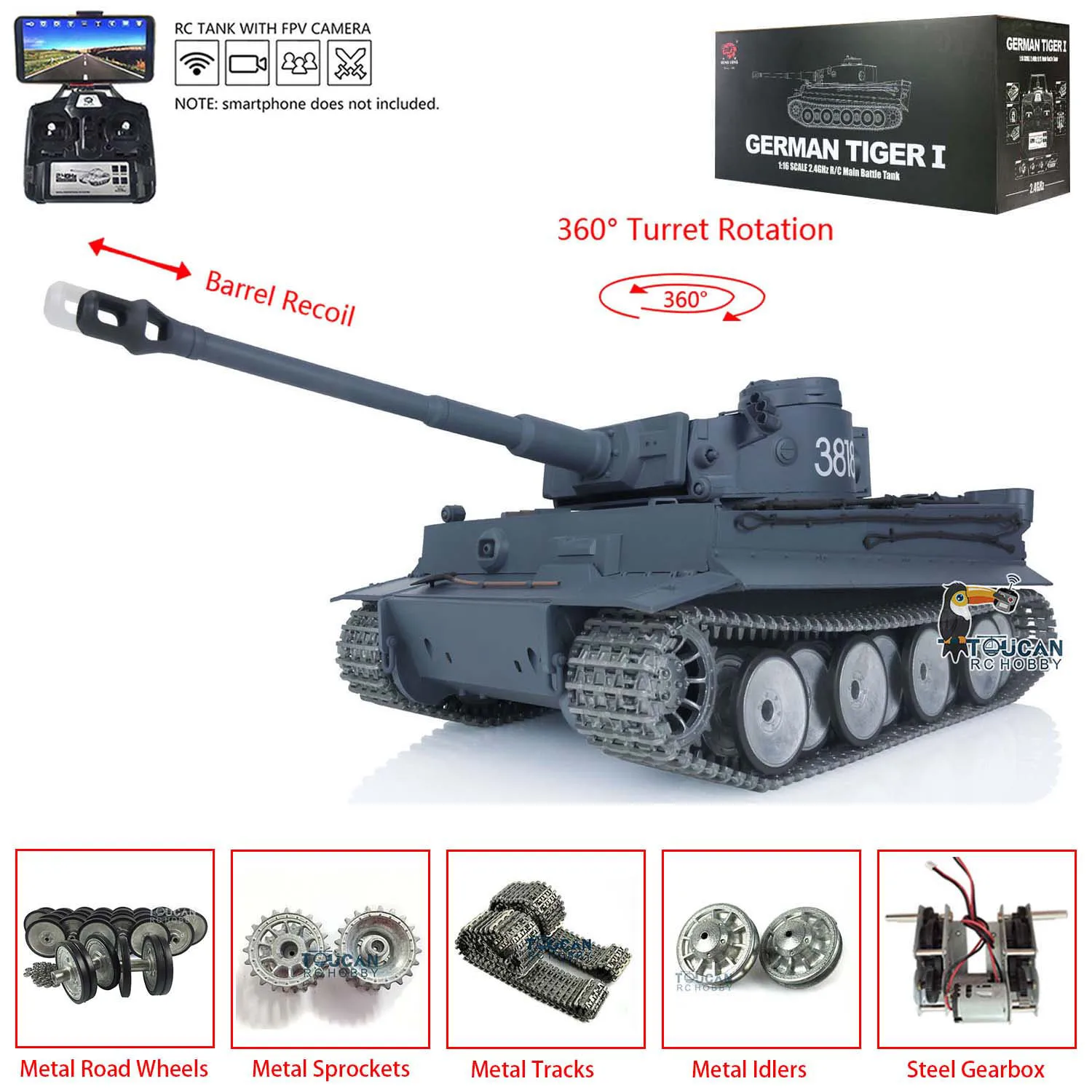 

Heng Long 1/16 RC Tank Tiger I 7.0 RTR Radio Control Tank 3818 Model FPV Camera Barrel Recoil Metal Wheels Cars Toys TH17245