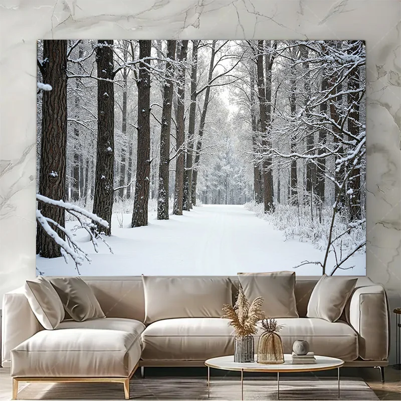 1pc tapeçaria de parede "winter país das maravilhas floresta caminho estátua decorativa cena nevada"