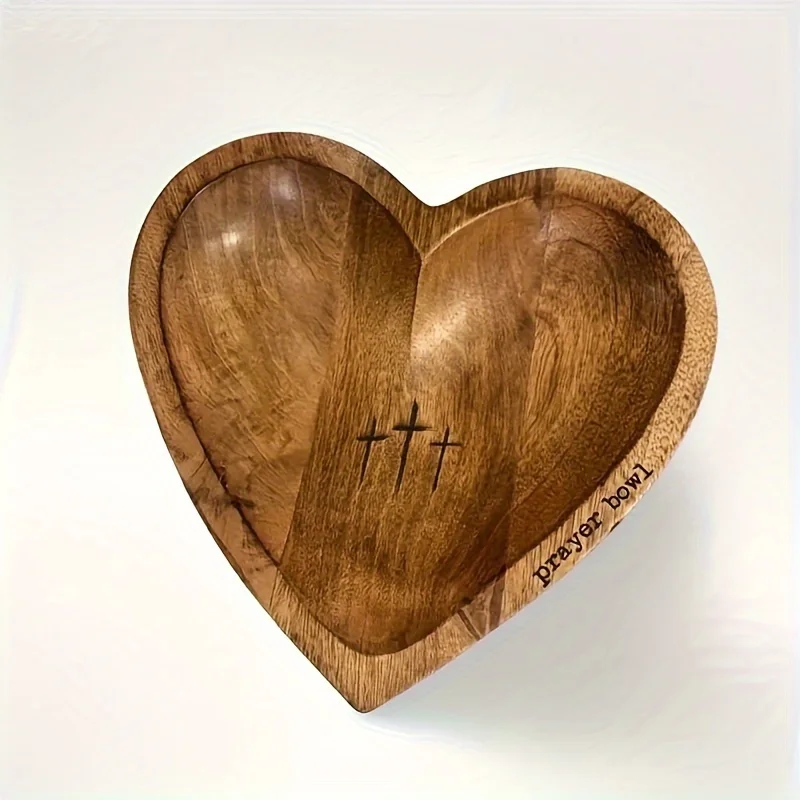 Prayer bowl Vintage Wooden Heart-Shaped Prayer Bowl Engraved Cross & 