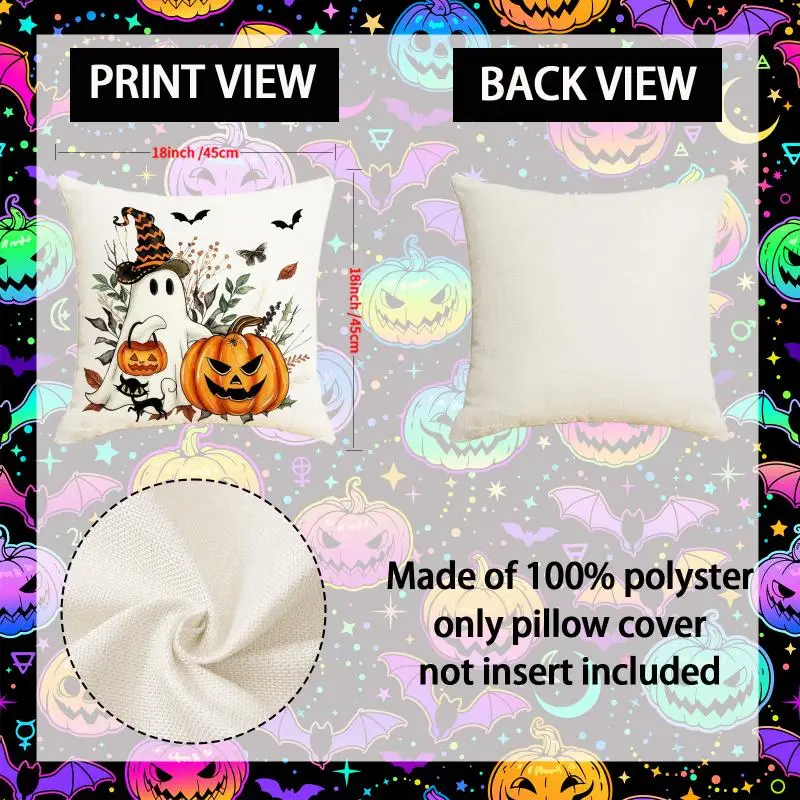 2 Stück Halloween Orange Kissenbezüge mit Geister- und Kürbisdruck aus Polyester, bequeme Dekoration für Sofakissen. – Detail 5