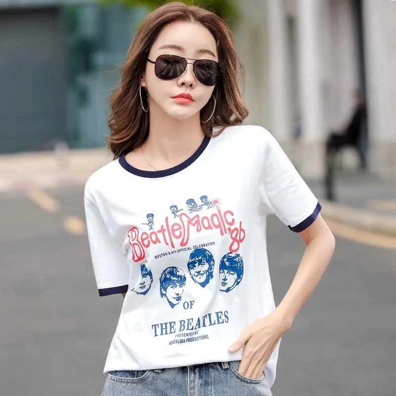 TuangBiang 2023 Personalized Printing Summer Cotton T-Shirts Fashion Women O-Neck Tshirts Female Retro Loose Classic Korea Tops