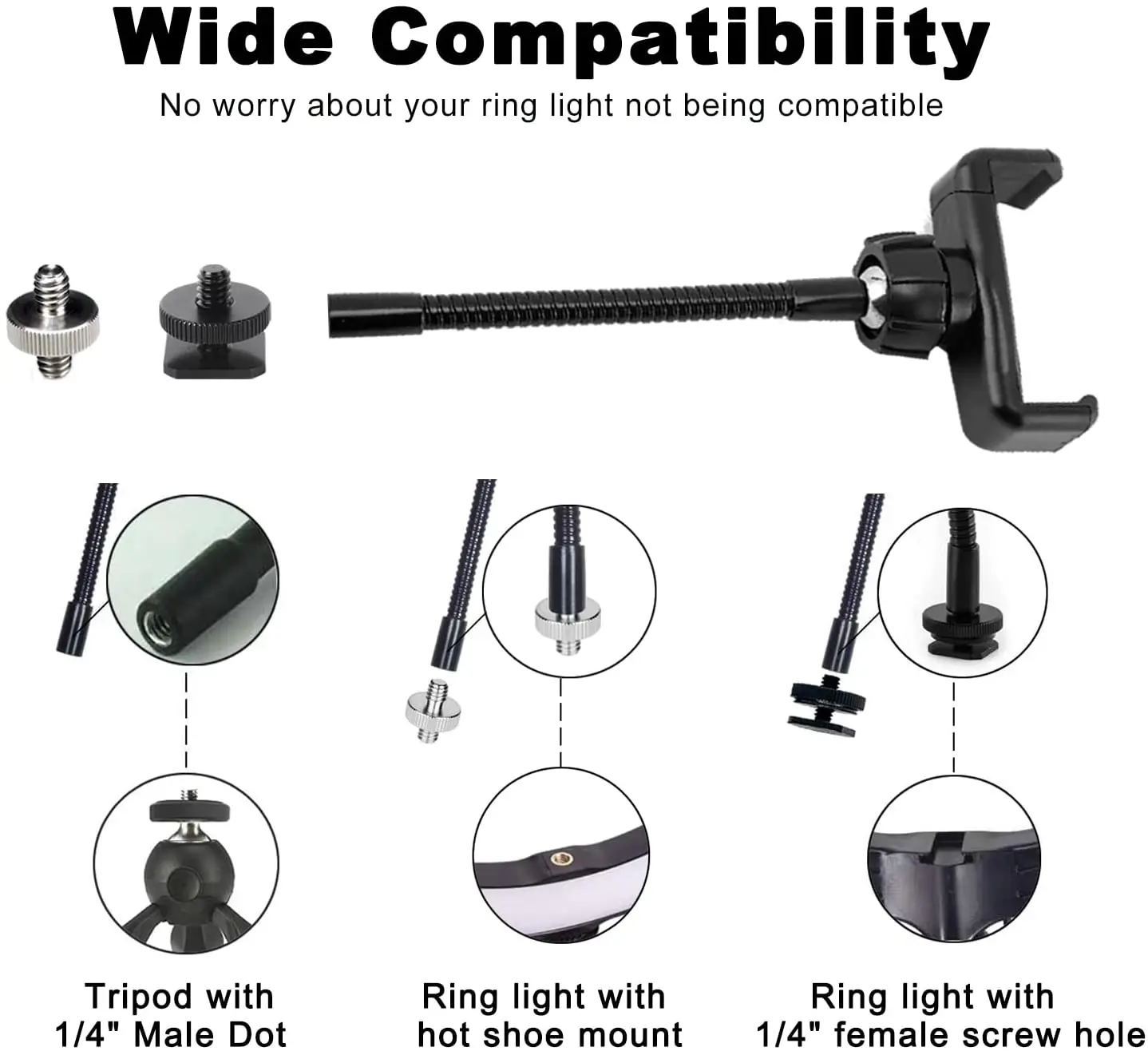 Phone Holder for Ring Light and Tripod Stand with 1/4" Female Thread Adapter, Flexible Phone Tripod Mount with Detachable Hot