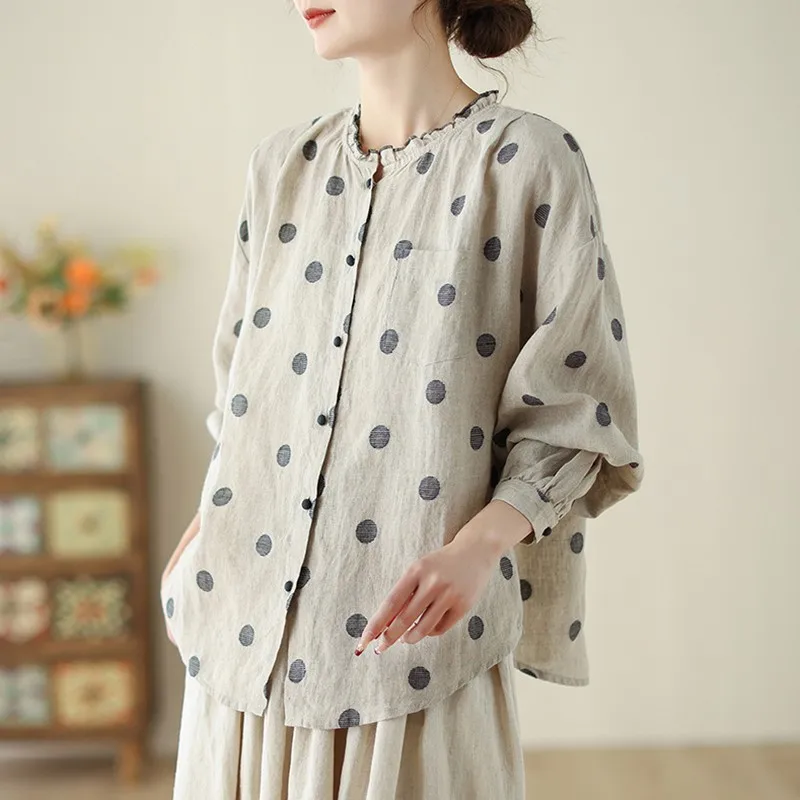 Women Long Sleeve Casual Shirts New Arrival 2024 Spring Vintage Style O-neck Polka Dot Loose Female Cotton Linen Tops B3309