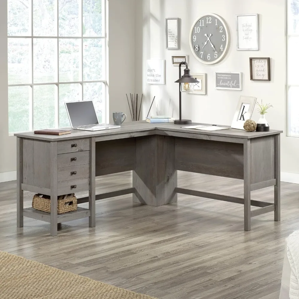 

Cottage Road L-Desk, L: 65.12" x W: 58.66" x H: 29.76", Raven Oak Finish，Reception desk, personnel desk, administrative desk