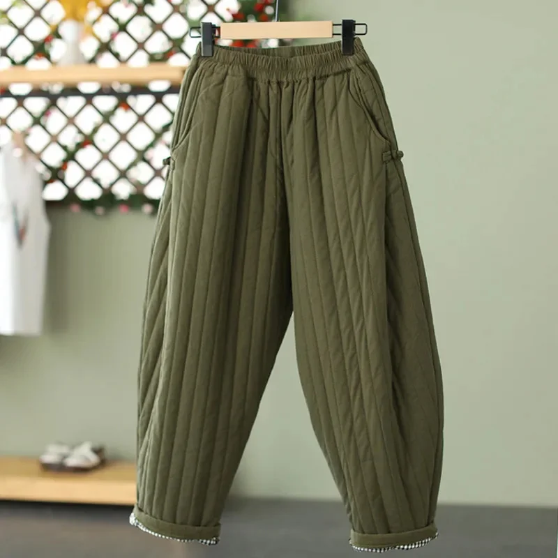 Cotton Padded Thick Retro Down Cotton Pants Women Casual Wear Elastic Waistband Loose And Warm High Street Mid Rise Pants New