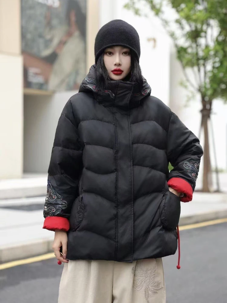 Chaqueta de plumón para mujer, Parkas informales holgadas y cálidas de gran tamaño con capucha y empalme de longitud media, prendas de vestir de invierno, abrigo acolchado de pato blanco 90, novedad de 2025