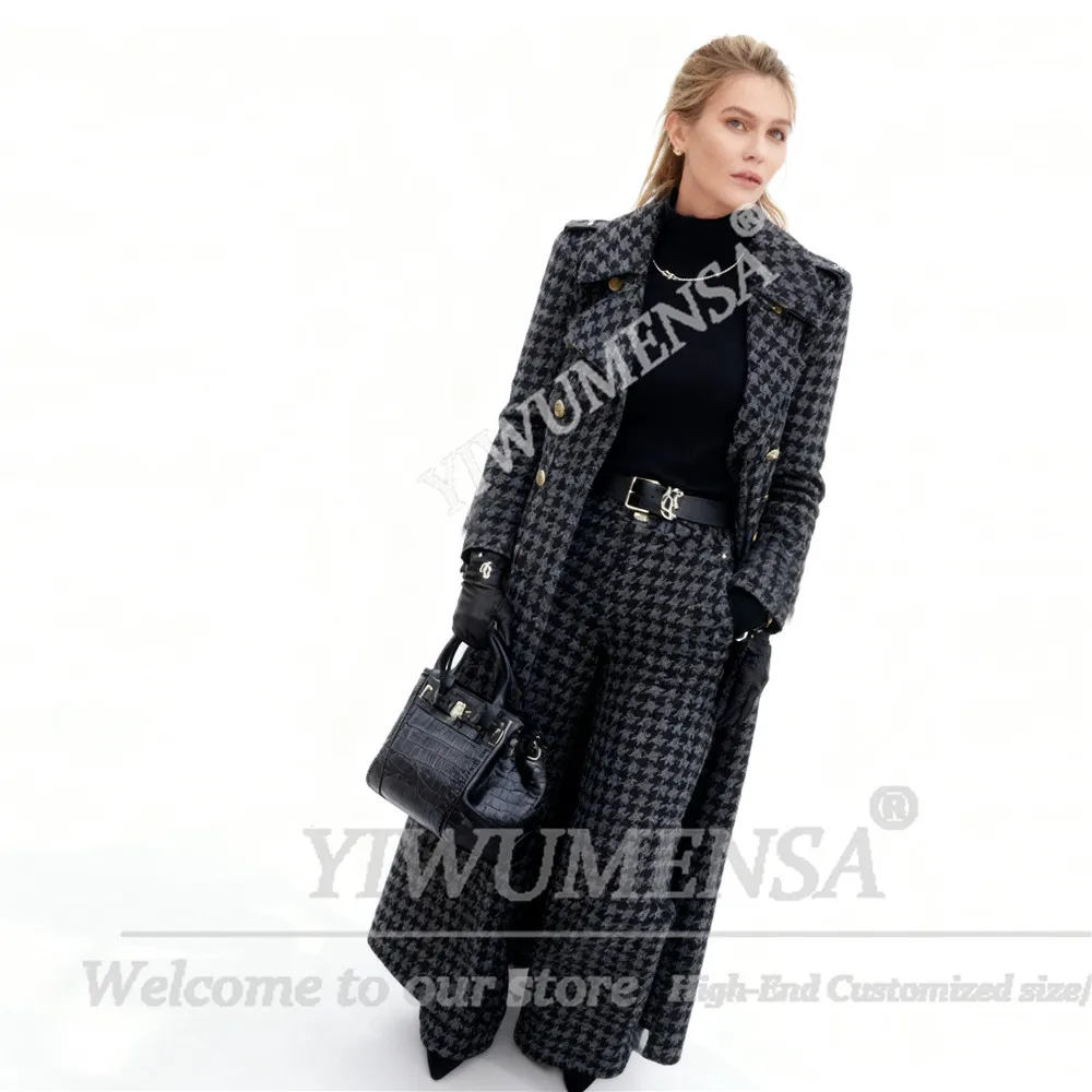 Classic Houndstooth Plaid Suits Women Long Double Breasted Blazers Long Customized 2 Pieces Bride's Mother Dress Ladies Tuxedos