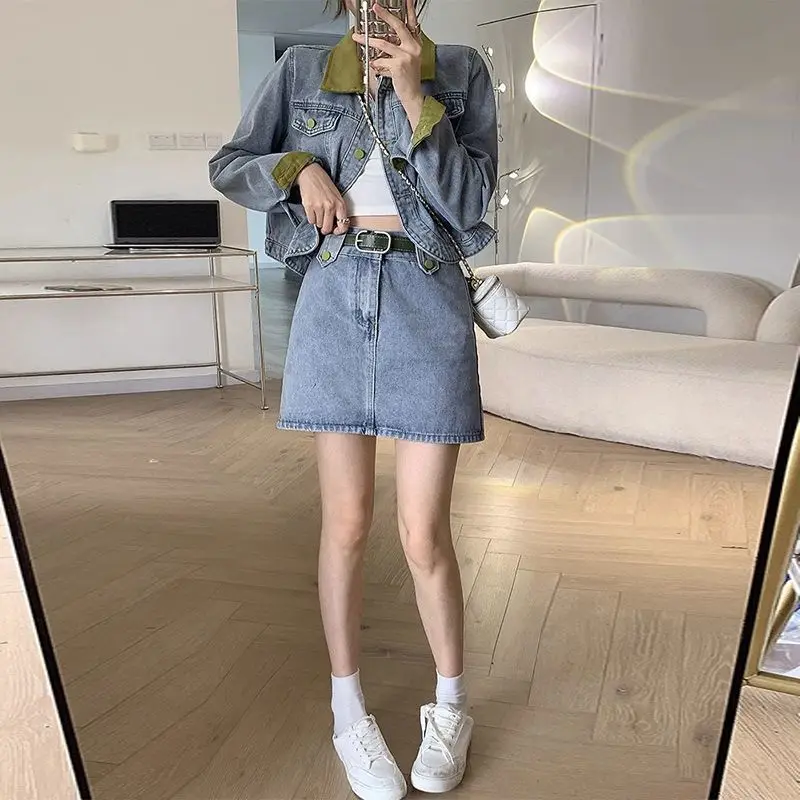 デニムコートミニスカートツーピースセット春秋の女性のファッションパッチワークショートジャケット A ラインスカート衣装新しいジーンズスーツ