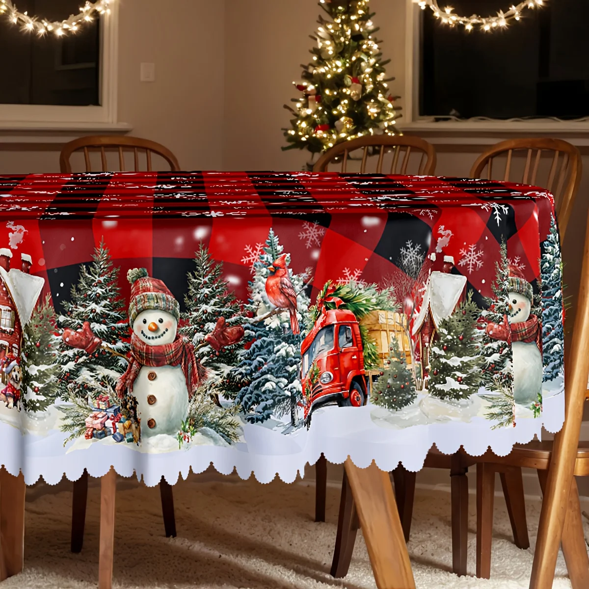 1 piece, Christmas themed party tablecloth, buffalo checked snowman Christmas tree design pattern printing