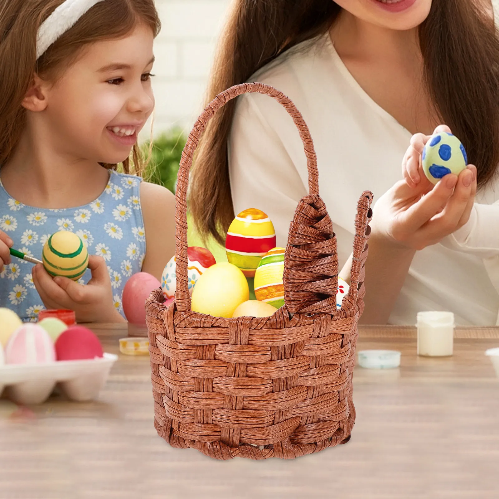

Easter Woven Bunny Ear Basket Small Decorative Egg Storage Handwoven Portable Picnic Gift Basket Decorative Flower Holder