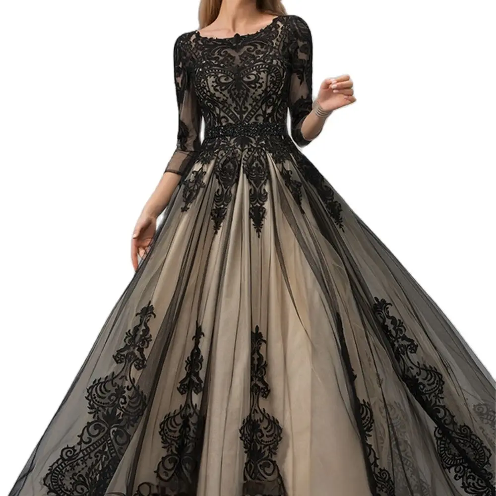 A-Line Princess O-Neck Floor-Length 2022 Appliques Sequins Beading Ladies Formal Prom Evening Party Dress Tthree Quarter Sleeves