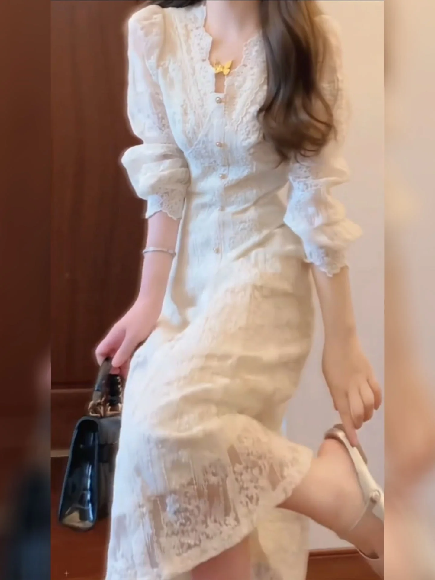 

Ele белое кружевное длинное платье с застежкой на талии в Корейском стиле, весенняя новая юбка трапециевидной формы с высокой талией V-Ne Long Sve, женское платье