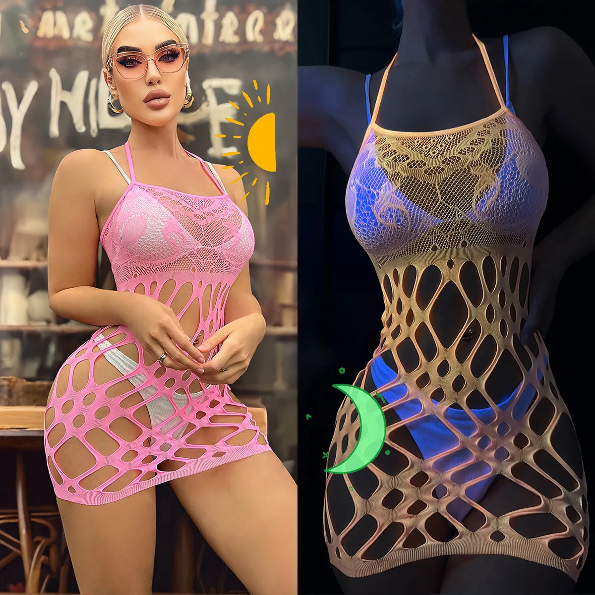 Dress Fluorescent powder night light flirting camisole mesh jacket hollowed out and glowing Womens dresses evening dress party