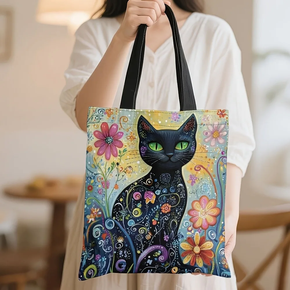 1pc Handbag Retro Long Tailed Kitten Tote Bag Vibrant Floral Print Reusable Grocery Bag Durable Polyester Foldable Shoulder Bag