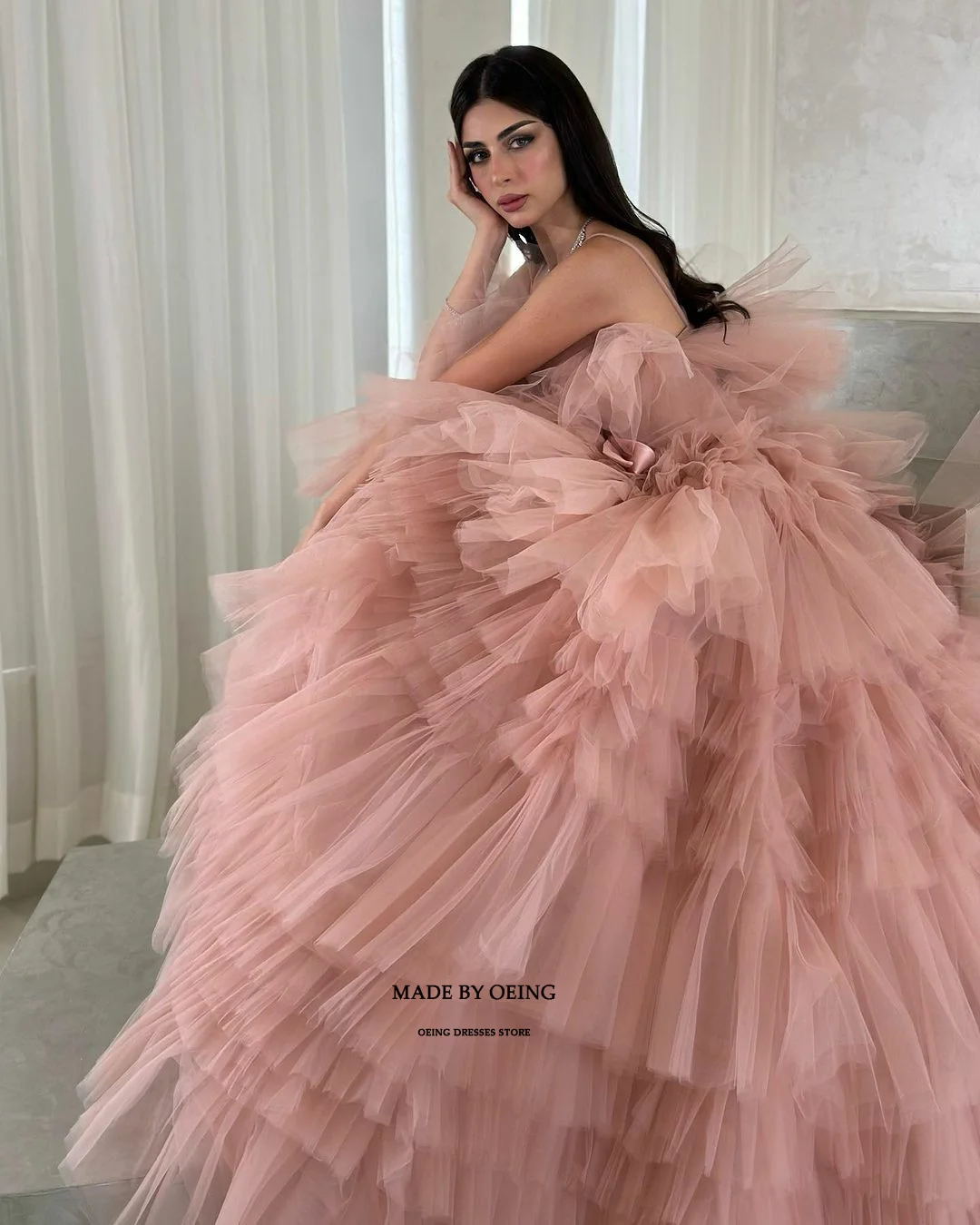 OEING Pink A-Line Prom Dresses Elegant Spaghetti Strap Tulle Tiered Evening Dress Special Occasion Gown  Vestidos De Novia