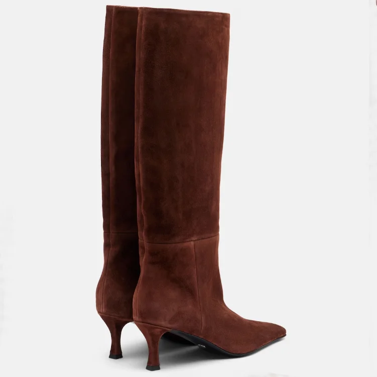 Autumn/Winter Square Head Stiletto High Heels Leather Suede Knee Boots Fashion Versatile Women's Large Medium Boots