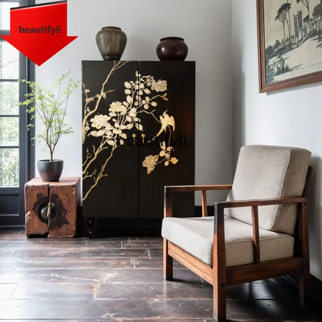 

Q181 New Chinese solid wood hand-painted flower and bird picture living room entrance locker