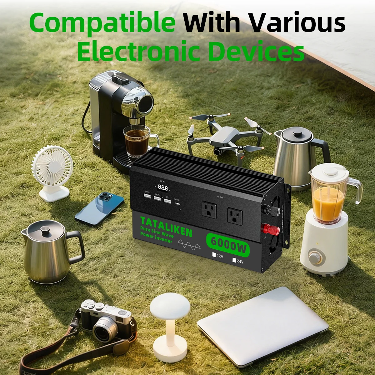 6000W Pure Sine Wave Inverter 110V, Heavy Duty Converter 4 Outlets with LCD Display & Temperature-Controlled Fan