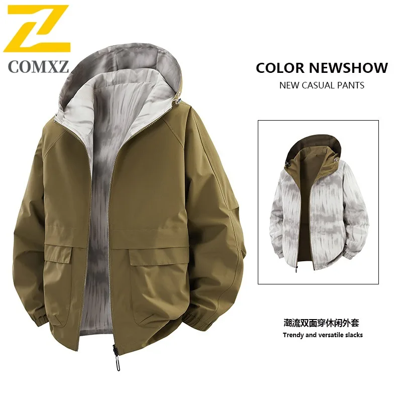 

COMXZ 2025 Мужская и женская двусторонняя куртка с капюшоном, простая модная повседневная универсальная свободная молодежная уличная куртка, модное