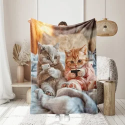 1pc 귀여운 고양이 동물 프린트 담요, 두꺼운 플란넬, 따뜻하고 피부 친화적이며 부드러운 소파 담요, 올 시즌 침대 담요