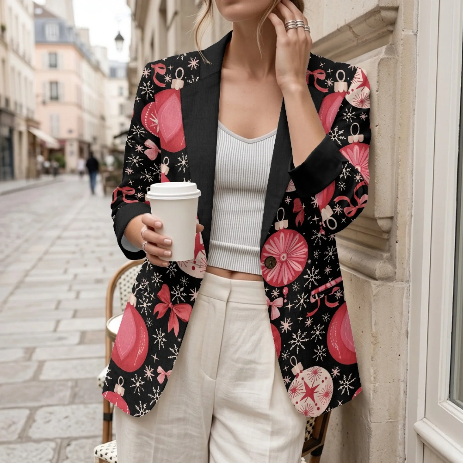 PENSTROLL Christmas Bauble Print Linen Style Open Front Tops Versatile Outerwear for Women Casual Beach Coverups view 3