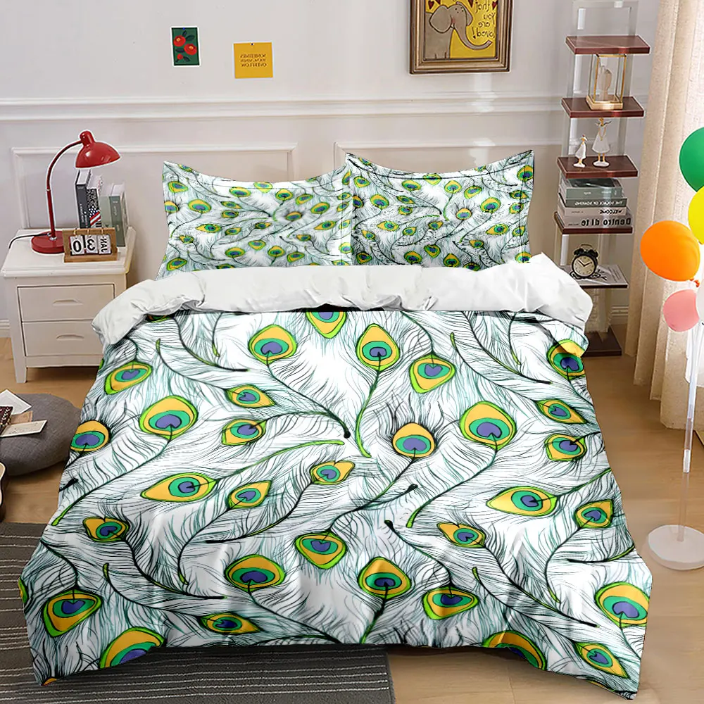 

Peacock Feather Hand-drawn Pattern Printed Duvet Cover Set 1 Duvet Cover+2 Pillowcase Multi Size Bedroom Bedding Decor