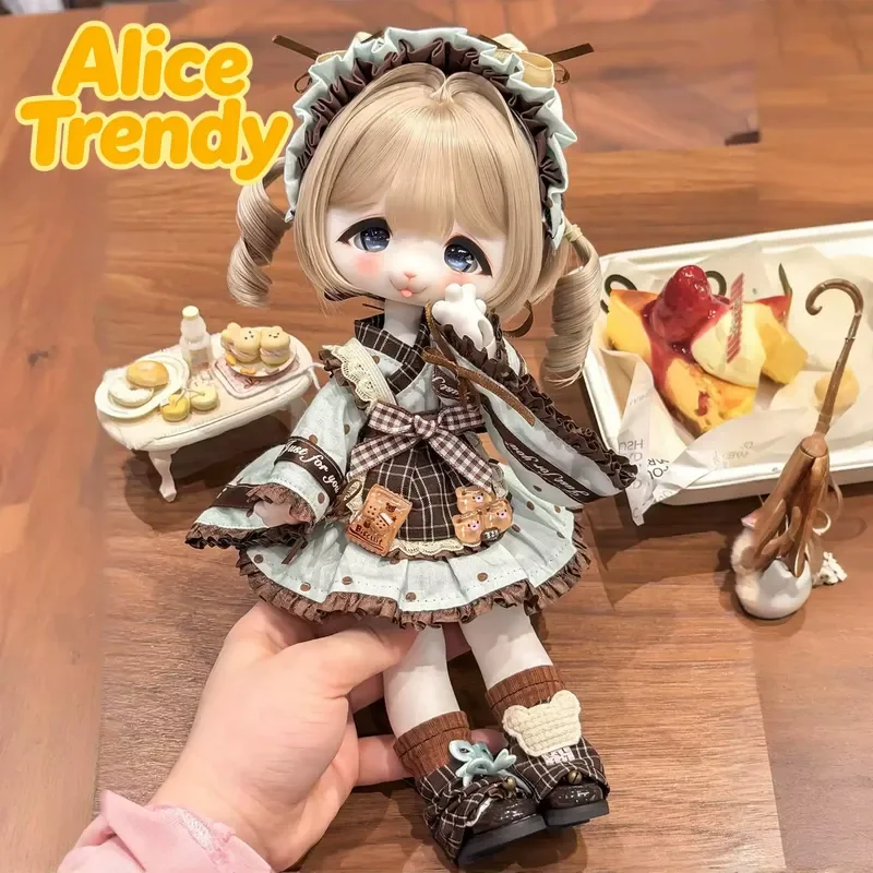Sweet Lolita Bjd Doll Outfit Bear Print Kimono Style Dress Set With Ruffled Bonnet, Brown Pink Plaid Doll Clothes Fit 1/6 Bjd